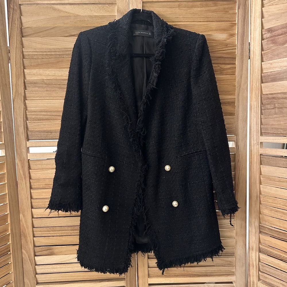 Zara Tweed Textured Long Pearl Button Jacket Coat in black size S